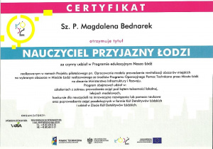 certyfikat Nauczyciel Przyjazny Łodzi M Bednarek